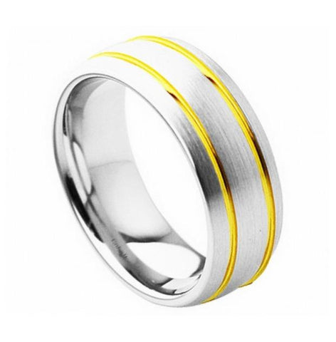 Cobalt Ring Domed Brushed Finish With High Polished Yellow Gold Plated Double Grooved Design 8mm, <b>size: 10</b>