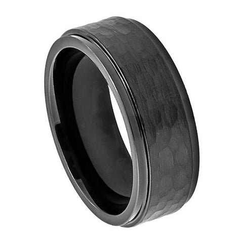 Cobalt Ring Black Enamel Plated Stepped Edge Hammered Center - 8mm, <b>size: 10</b>