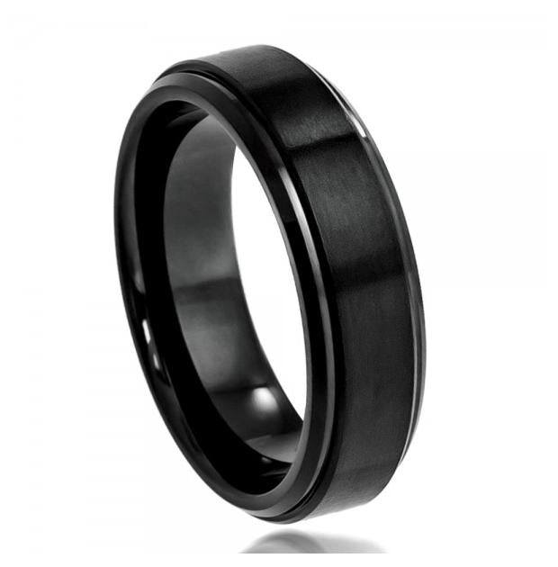 Cobalt Ring Black Enamel Plated Flat Brushed Center With High Polish Stepped Edge 6mm, <b>size: 10</b>