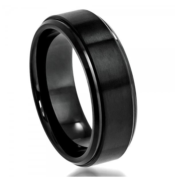 Cobalt Ring Black Enamel Plated Brushed Center High Polish Stepped Edge 8mm, <b>size: 10</b>