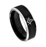 Cobalt Ring Black Enamel Plated High Polish Laser Engraved Freemasonry Masonic Symbol Compass & Square Beveled Edge 8mm, <b>size: 10</b>