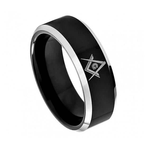 Cobalt Ring Black Enamel Plated High Polish Laser Engraved Freemasonry Masonic Symbol Compass & Square Beveled Edge 8mm, <b>size: 10</b>