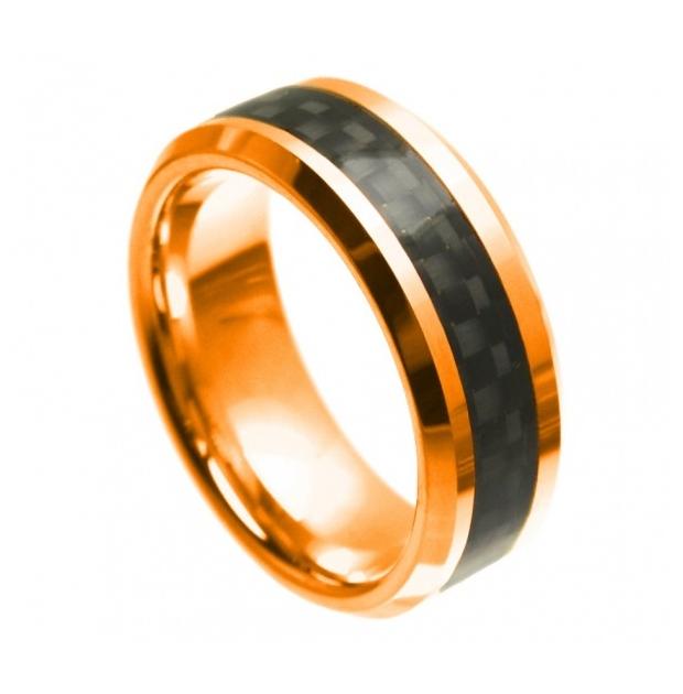 Cobalt Ring High Polish Rose Gold Plated With Black Carbon Fiber Inlay Beveled Edge 8mm, <b>size: 10</b>