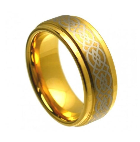 Cobalt Ring Yellow Gold Plated High Polish Laser Engraved Celtic Knot Pattern Stepped Edge 8mm, <b>size: 10</b>