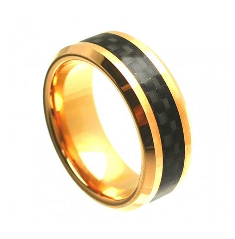 Cobalt Ring Yellow Gold Plated High Polish With Black Carbon Fiber Inlay Beveled Edge 8mm