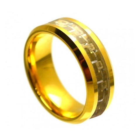 Cobalt Ring Yellow Gold Plated High Polish With Golden Carbon Fiber Inlay Beveled Edge 8mm, <b>size: 10</b>