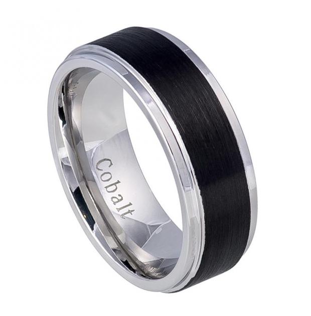 Black Ip Brushed Center & High Polished Stepped Edge Cobalt Ring - 8mm, <b>size: 10</b>