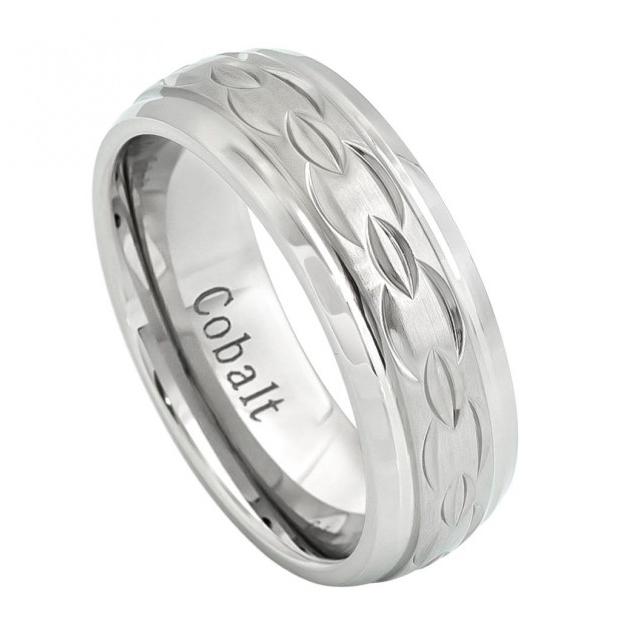 Cobalt Ring Brushed Center With Carved Chain Design And High Polished Beveled Edge 8mm, <b>size: 10</b>