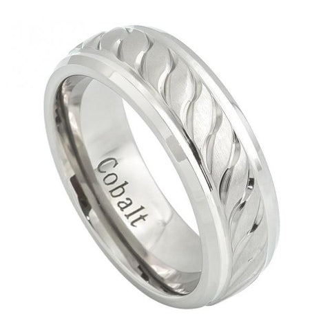 Cobalt Ring Brushed Center With Carved Squiggly Design And High Polished Beveled Edge 8mm, <b>size: 10</b>