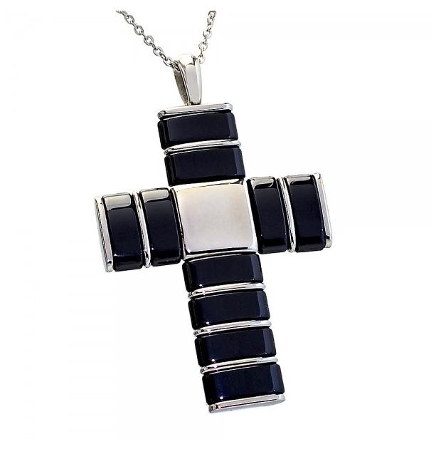 Two-tone Black Ceramic & 316l Stainless Steel Cross Pendant - 2.0 X 1.5 Inches Approx.