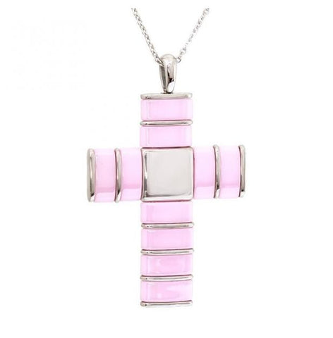 Two-tone Pink Ceramic & 316l Stainless Steel Cross Pendant - 2.0 X 1.5 Inches Approx.