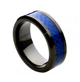 Beveled Edge Black Ceramic Ring With Blue Carbon Fiber Inlay - 8mm, <b>size: 10</b>