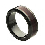 Beveled Edge Black Ceramic Ring With Burgundy Wood Laminate Inlay - 8mm, <b>size: 10</b>