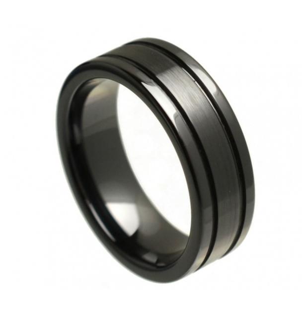 Black Ceramic Flat Ring High Polished Double Grooved Brushed Center 8mm, <b>size: 10</b>