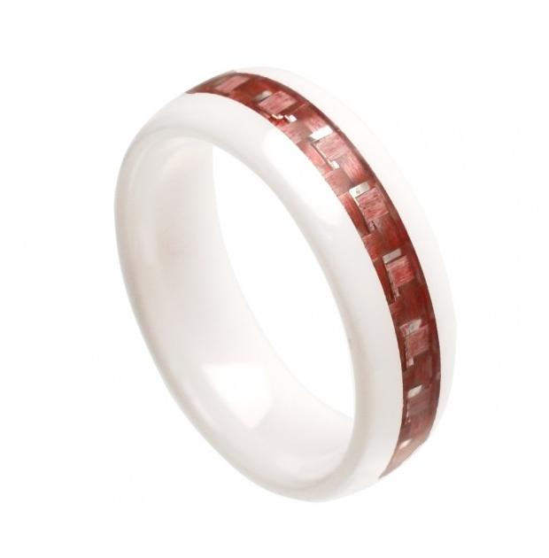 White Ceramic Domed Ring With Deep Rose Pink Carbon Fiber Inlay 8mm