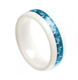 White Ceramic Domed Ring With Aquamarine Carbon Fiber Inlay 8mm, <b>size: 10</b>