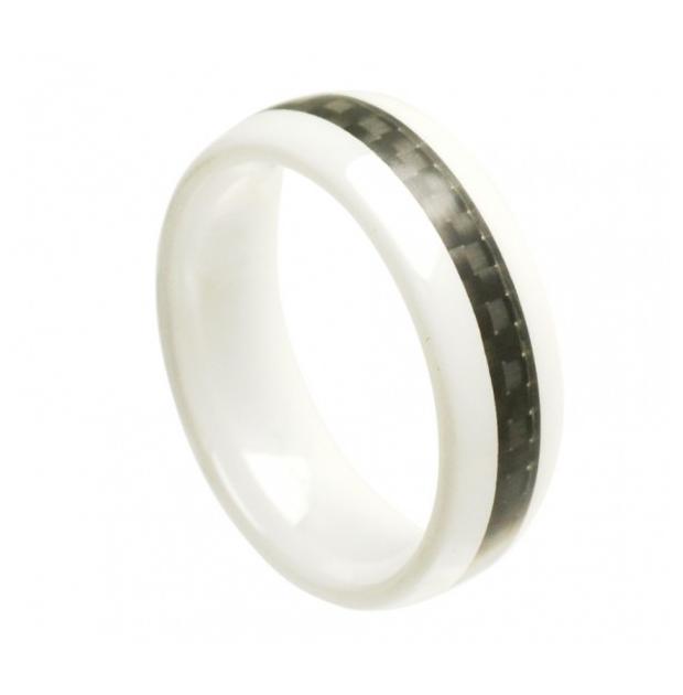 White Ceramic Domed Ring With Black Carbon Fiber Inlay 8mm