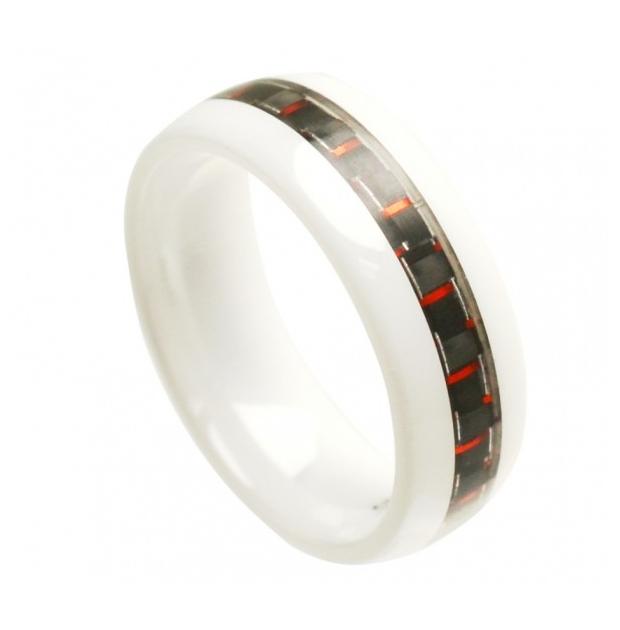 White Ceramic Domed Ring With Black & Red Carbon Fiber Inlay 8mm, <b>size: 10</b>