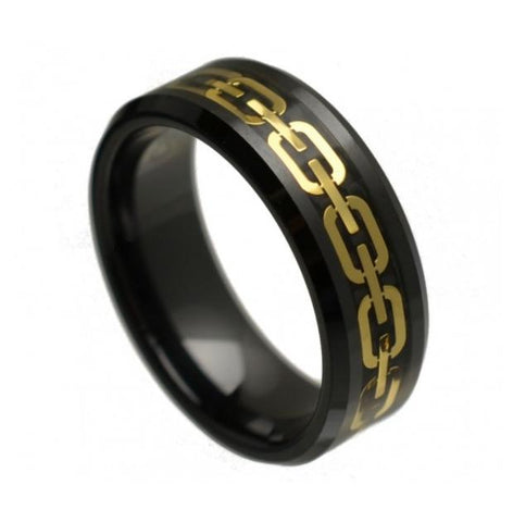 Black Ceramic Ring High Polished With Yellow Gold Plated Chain Design Inlay Beveled Edge 8mm, <b>size: 10</b>