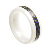 White Ceramic Domed Ring With Blue & Black Carbon Fiber Inlay 8mm, <b>size: 10</b>