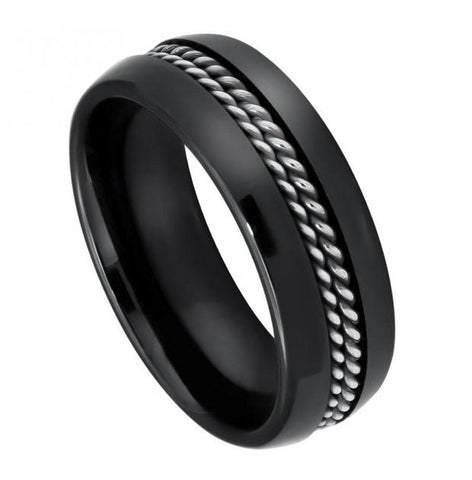 High Polished Domed Black Ceramic Ring With Double Rope Stainless Steel Inlay - 8mm, <b>size: 10</b>