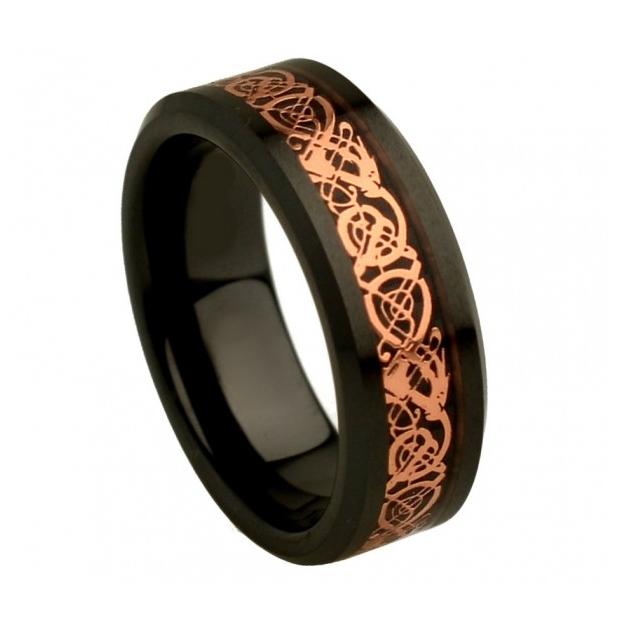 Flat Black Ceramic High Polish With Rose Gold Plated Celtic Dragon Inaly Beveled Edge 8mm, <b>size: 10</b>