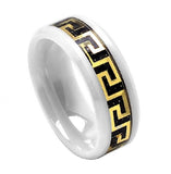 White Ceramic High Polish Gold Tone Greek Key Over Black Carbon Fiber Inlay Beveled Edge 8mm, <b>size: 10</b>