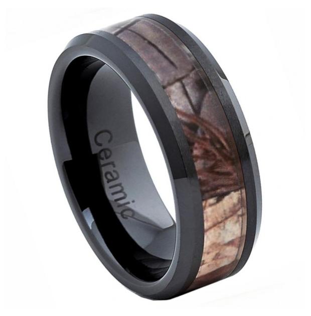 Black Ceramic High Polish With Forest Floor Foliage Camo Inlay Beveled Edge 8mm, <b>size: 10</b>