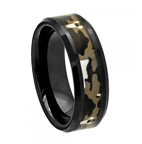 Flat Black Ceramic High Polish With Commando Camo Inlay Beveled Edge 8mm, <b>size: 10</b>