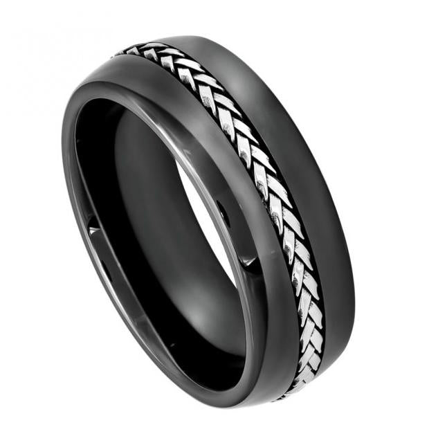 High Polished Domed Black Ceramic Ring With Braided Stainless Steel Inlay - 8mm, <b>size: 10</b>