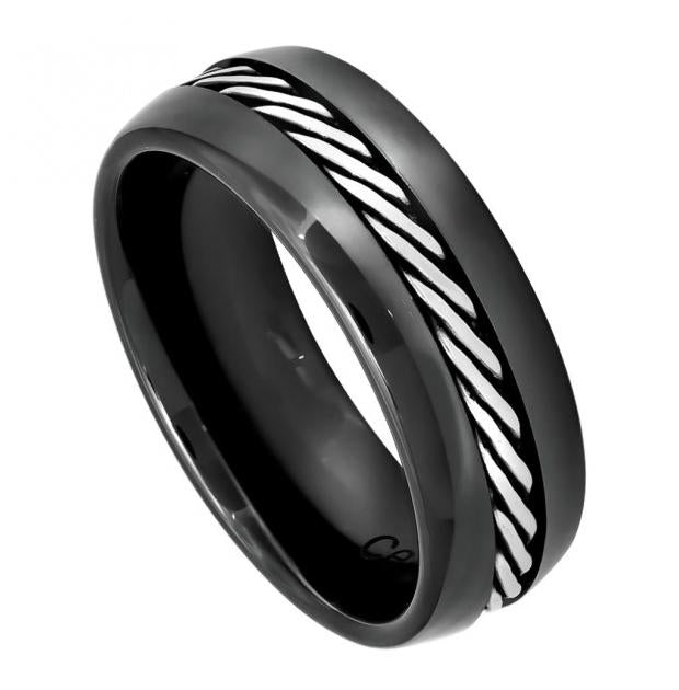 High Polished Domed Black Ceramic Ring With Single Rope Stainless Steel Inlay - 8mm, <b>size: 10</b>