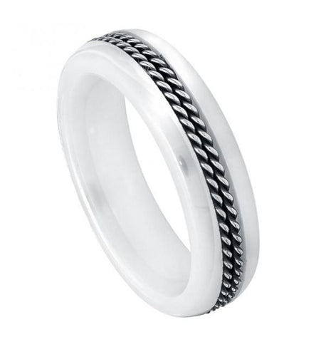 High Polished Domed White Ceramic Ring With Double Rope Stainless Steel Inlay - 6mm