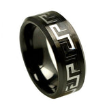 Black Ceramic Beveled Edge Gun Metal Greek Key Over Black Carbon Fiber Inlay 8mm, <b>size: 10</b>