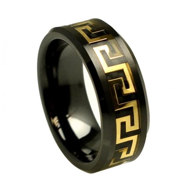 Black Ceramic Beveled Edge Yellow Gold Plated Greek Key Over Black Carbon Fiber Inlay 8mm, <b>size: 10</b>