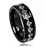 High Polished Black Carbon Fiber & Cut-out Masonic Symbol Inlay Over Black Carbon Fiber; Beveled Edge 8mm, <b>size: 10</b>