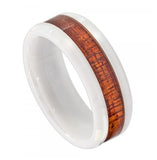 White Ceramic Ring With Hawaiian Koa Wood Inlay; Faceted Edge - 8mm, <b>size: 10</b>