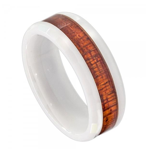 White Ceramic Ring With Hawaiian Koa Wood Inlay; Faceted Edge - 8mm, <b>size: 10</b>