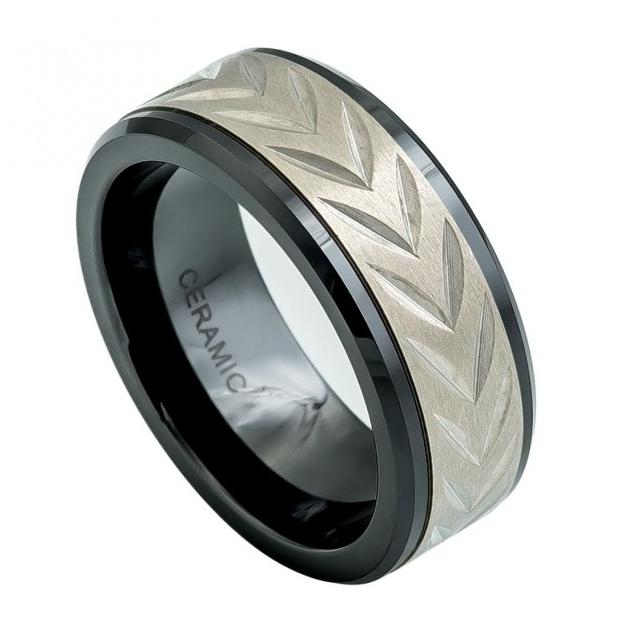 Low Beveled Edge Black Ceramic Ring With Carved Arrow Head Design On Titanium Inlay - 8mm