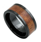 Pipe-cut Black Ceramic Ring With Hawaiian Koa Inlay - 9mm, <b>size: 10</b>