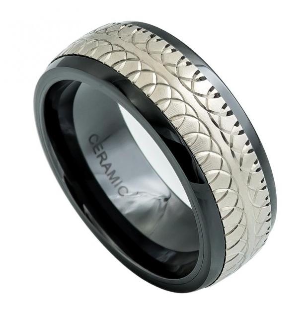 Domed Black Ceramic Ring With Carved Overlapping Semi-circle Design On Titanium Inlay - 8mm, <b>size: 10</b>