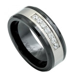 Low Beveled Edge Black Ceramic Ring With A Row Of 7 Czs On Stainless Steel Inlay - 8mm, <b>size: 10</b>