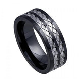 High Polish Black Ceramic Ring Base With Textured Wrap-around Diamond-shaped Design Tungsten Carbide Inlay - 8mm, <b>size: 10</b>