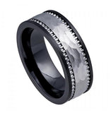 High Polish Black Ceramic Ring Base With Textured Ridged Hammered Tungsten Carbide Inlay - 8mm, <b>size: 10</b>