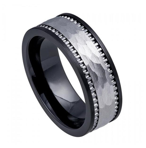 High Polish Black Ceramic Ring Base With Textured Ridged Hammered Tungsten Carbide Inlay - 8mm, <b>size: 10</b>