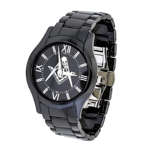 Black Ceramic Men's Analog Quartz Watch (battery) With Freemasonry Masonic Symbol Compass & Square