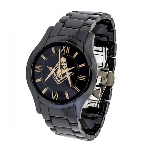 Black Ceramic Men's Analog Quartz Watch (battery) With Yellow Gold Ip Freemasonry Masonic Symbol Compass & Square