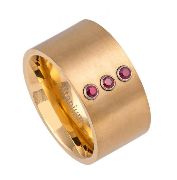 Matte Finish Pipe-cut Yellow Gold Ip Titanium Ring With Three 0.07 Ctw Rubies - 12mm, <b>size: 10</b>