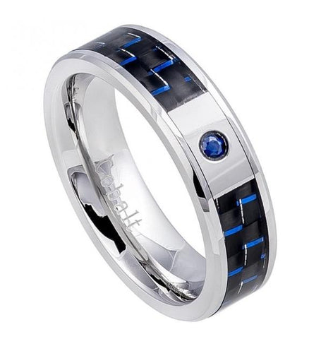 High Polish Cobalt Ring With 0.07 Ctw Blue Sapphire Center Stone And Blue & Black Carbon Fiber Inlay 6mm, <b>size: 6</b>