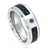 High Polished Cobalt Ring With 0.07 Ctw Blue Sapphire Center Stone; With Blue & Black Carbon Fiber Inlay 8mm, <b>size: 10</b>