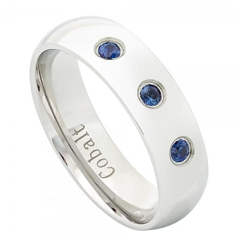 High Polished Domed Cobalt Ring With Three 0.07 Ctw Blue Sapphire Stones - 6mm, <b>size: 5</b>